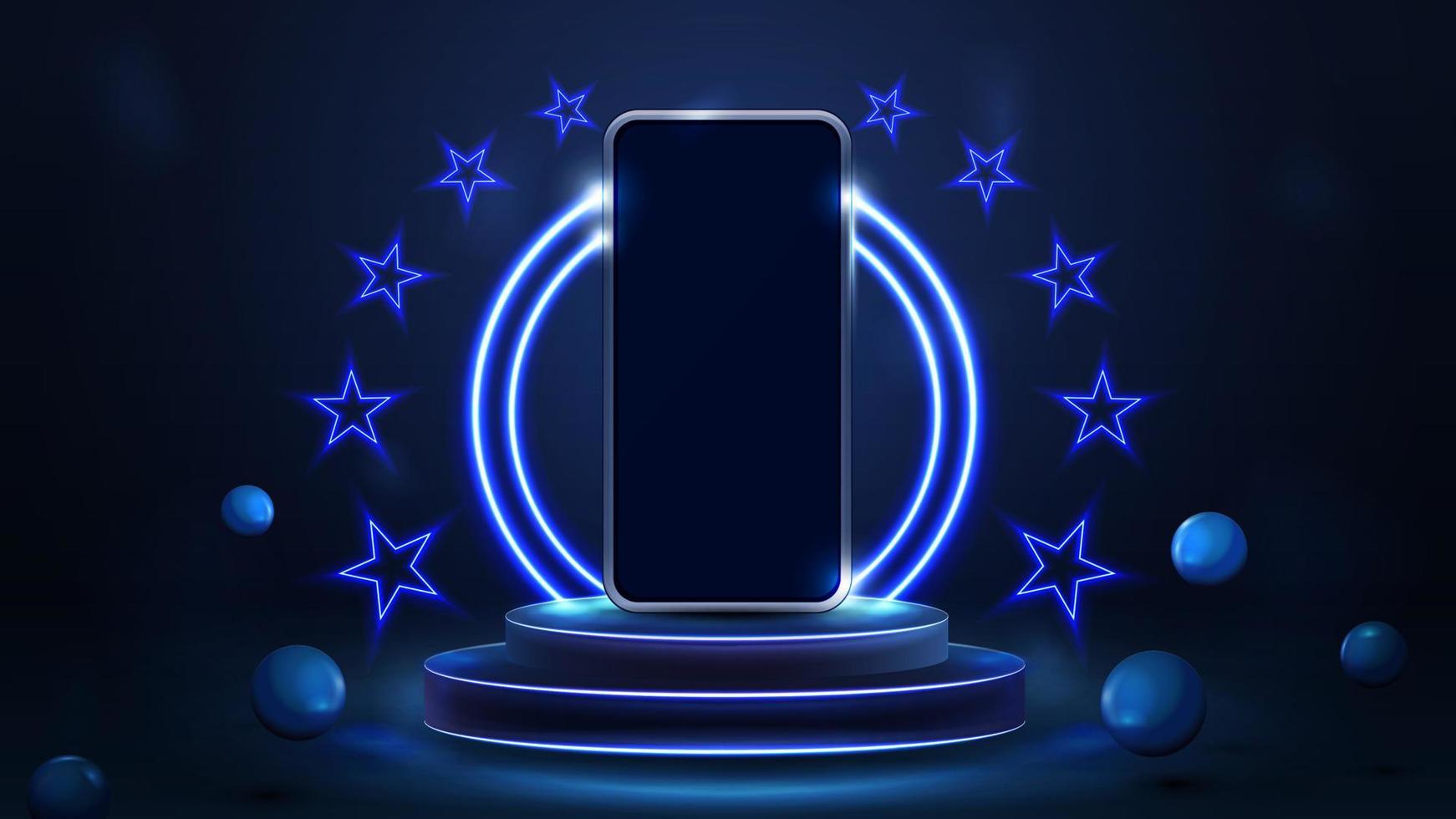 smartphone sur le podium des gagnants avec des anneaux de néon bleus et des étoiles de néon dans une scène bleue avec des sphères rebondissantes réalistes vecteur