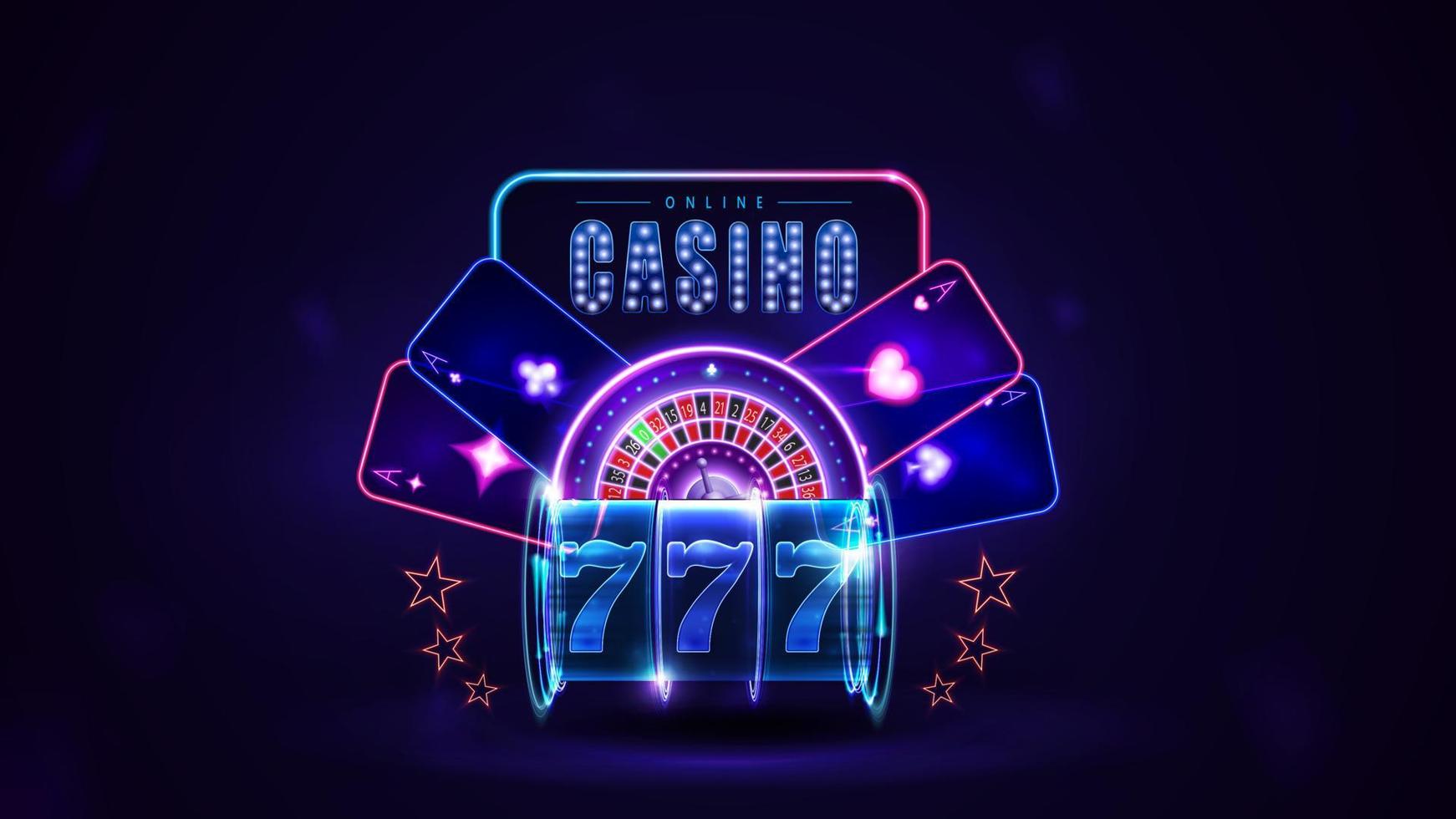 casino en ligne, enseigne au néon avec roue de roulette de casino au néon rose brillant, cartes à jouer et machine à sous au néon bleu brillant vecteur