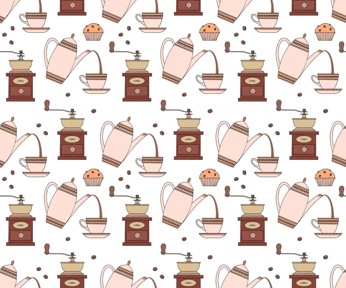 motif répétitif sans couture avec cafetière, tasse, moulin à café et cupcake. vecteur