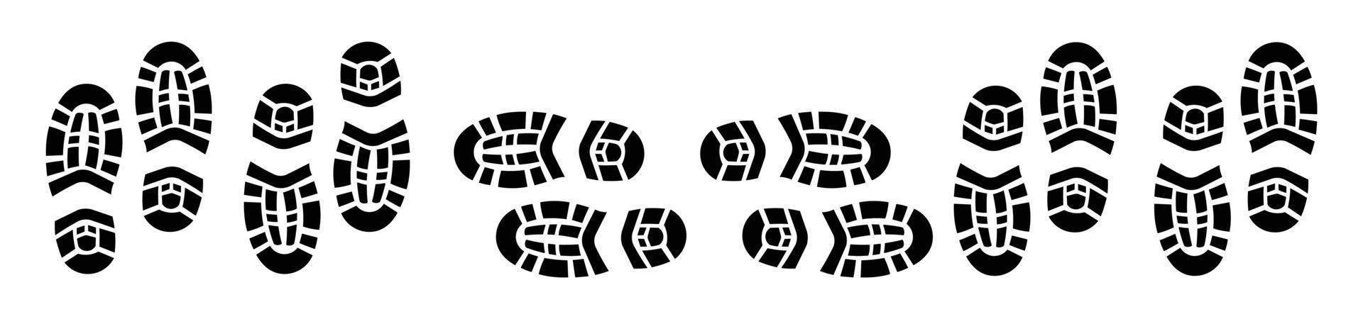 sur l'ensemble d'icônes empreintes chemin de suivi de la semelle de chaussure, ensemble plat d'icônes vectorielles de piste de chaussures vecteur