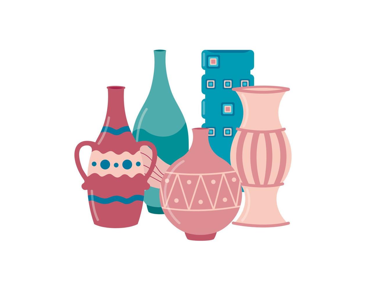 composition de poterie. vases et cruches isolés sur fond blanc. vases à fleurs vides en céramique et porcelaine. illustration vectorielle plane vecteur