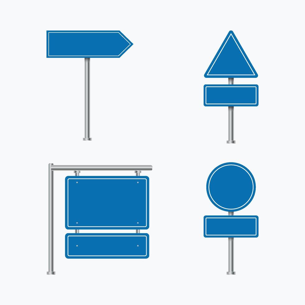 vecteur de panneaux de signalisation. signalisation routière bleue. plaque de signe publicitaire vierge. ensemble de panneaux de signalisation sur fond blanc. panneaux de direction vierges. panneau publicitaire, panneau de direction.