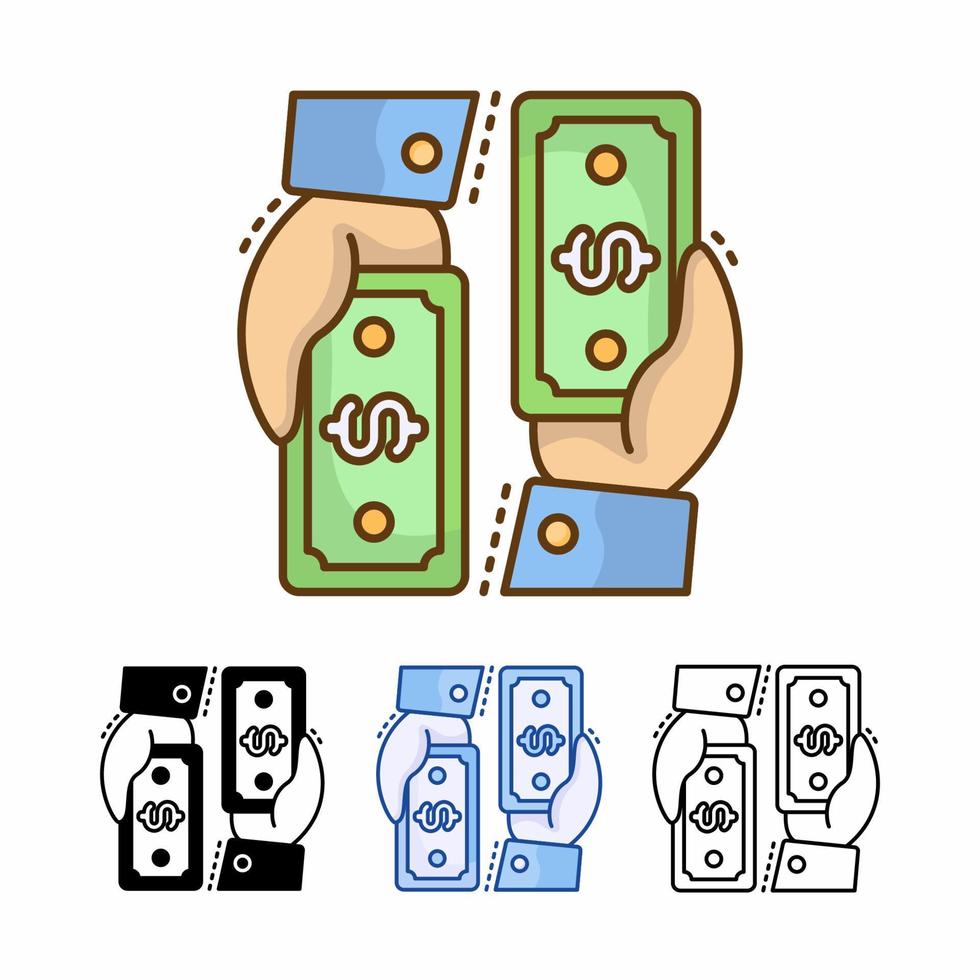 transaction en espèces avec l'icône de vecteur de main isolé sur fond blanc. argent liquide. ligne remplie, contour, solide, bleu, icône. les signes et les symboles peuvent être utilisés pour le web, le logo, l'application mobile, l'interface utilisateur, l'ux