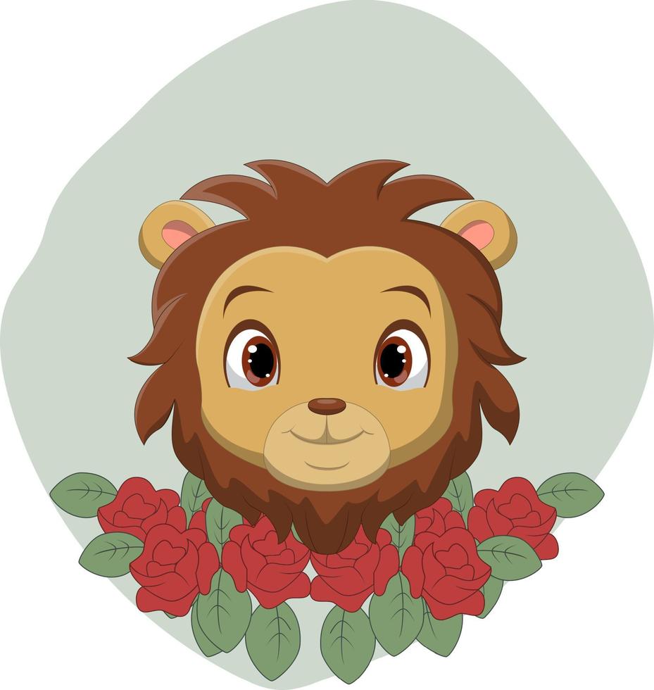 dessin animé mignon de tête de lion avec des fleurs vecteur