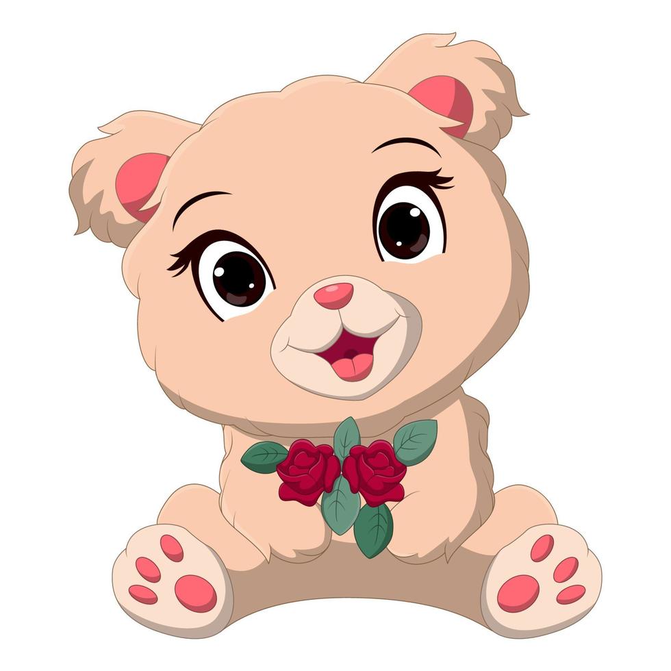 dessin animé mignon bébé ours tenant des fleurs vecteur