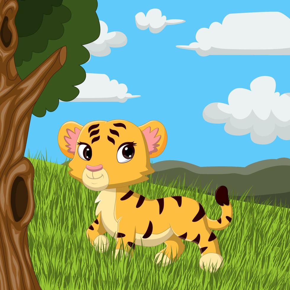 dessin animé mignon bébé tigre dans l'herbe vecteur