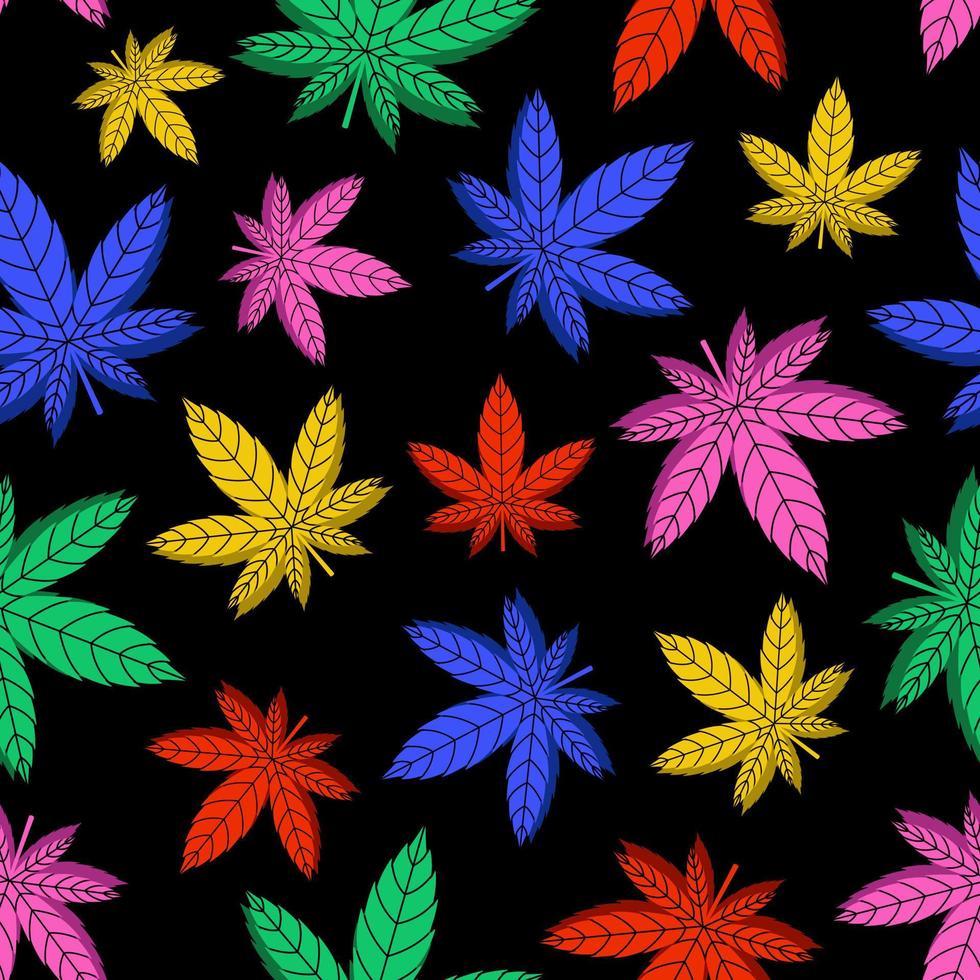marijuana vectorielle continue, motif de feuilles de cannabis sur fond noir. vecteur