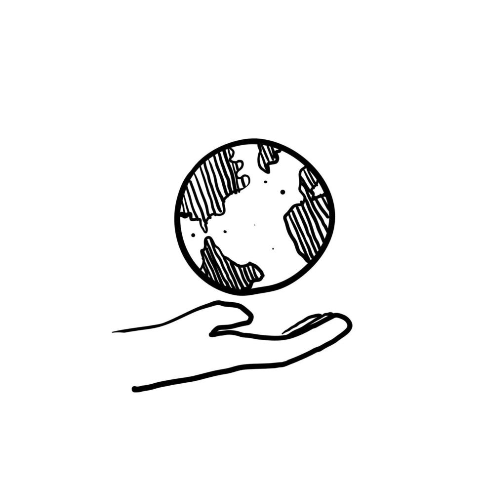 globe dessiné à la main dans le symbole d'illustration de la main pour enregistrer l'icône de vecteur d'environnement