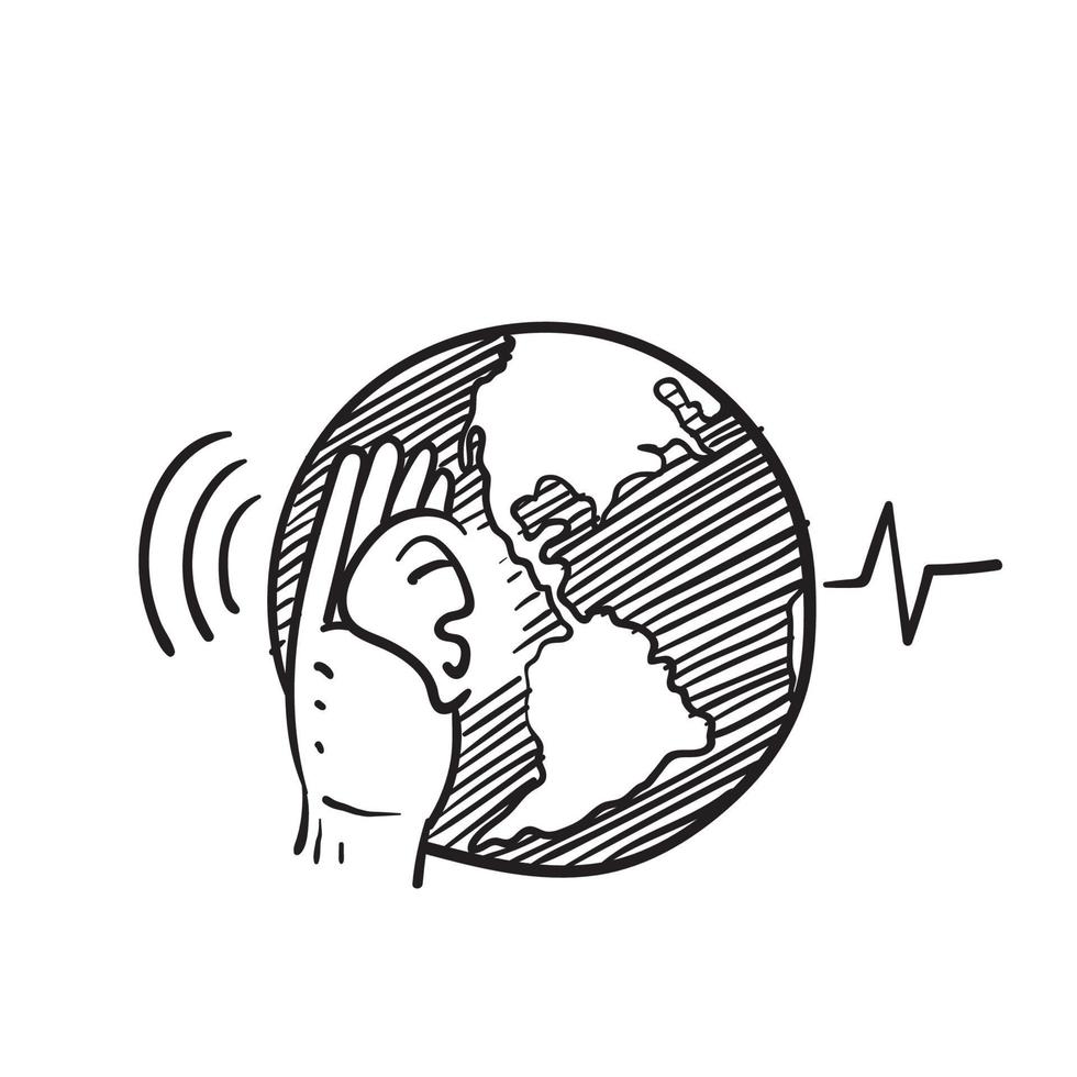 dessiné à la main doodle globe terre avec oreille entendre voix illustration vecteur