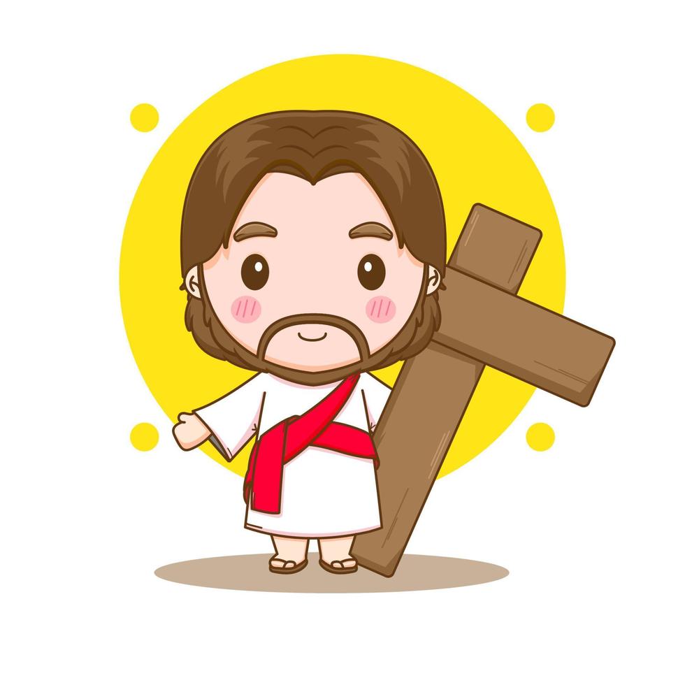 jésus mignon avec le personnage de dessin animé de croix vecteur