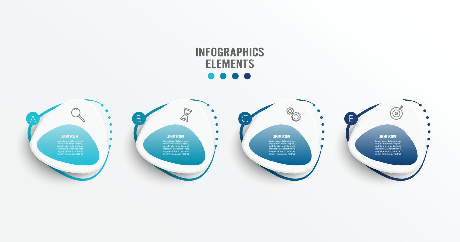 modèle infographique abstrait avec étiquette, cercles intégrés. concept d'entreprise avec 4 options. modèle finfographique sous forme de rangée horizontale composée de formes arrondies triangulaires. vecteur