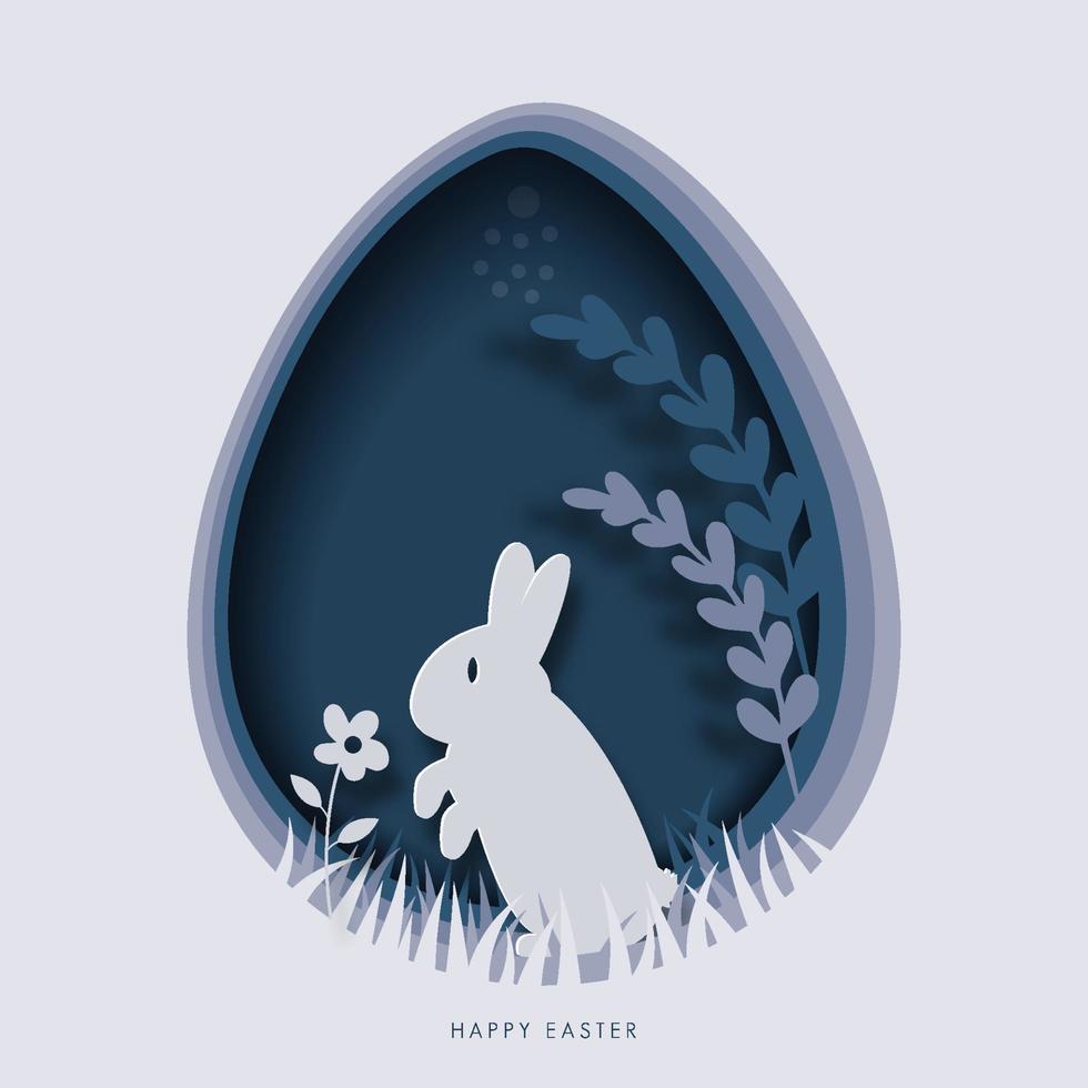 modèle de carte de voeux de joyeuses pâques. papier découpé illustration de lapin de pâques, herbe, fleurs et forme d'oeuf bleu. vecteur