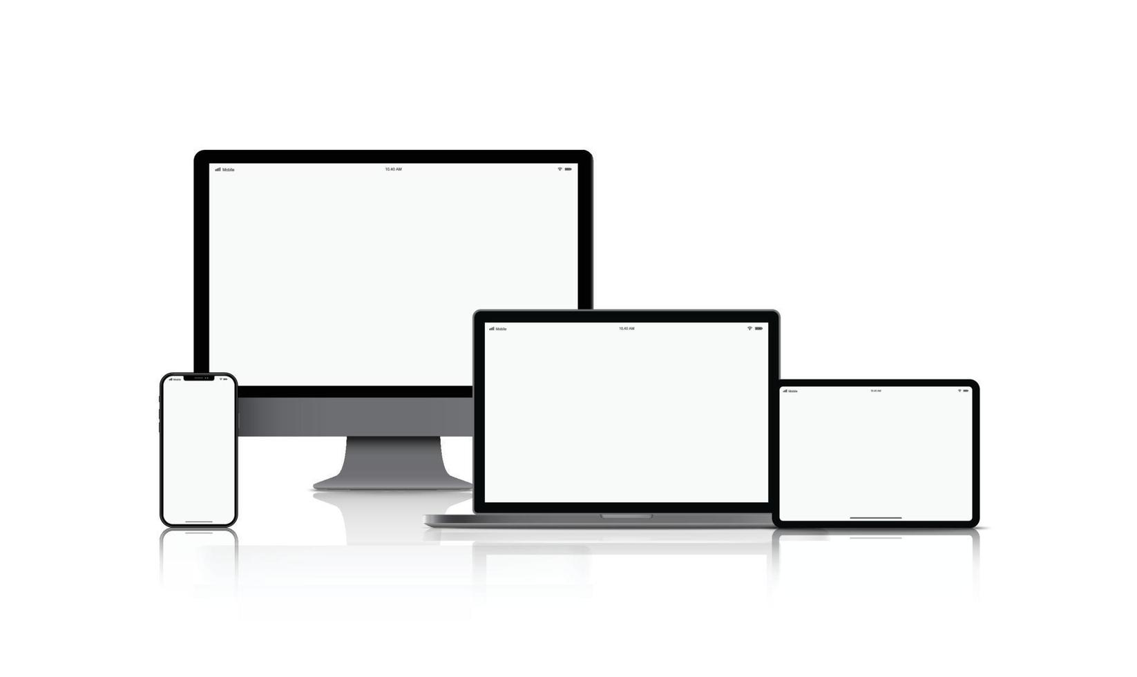 dispositif de gadget de maquette. smartphones, tablettes, ordinateurs portables et écrans d'ordinateur couleur noire avec écran blanc isolé sur fond blanc. illustration vectorielle eps10 vecteur