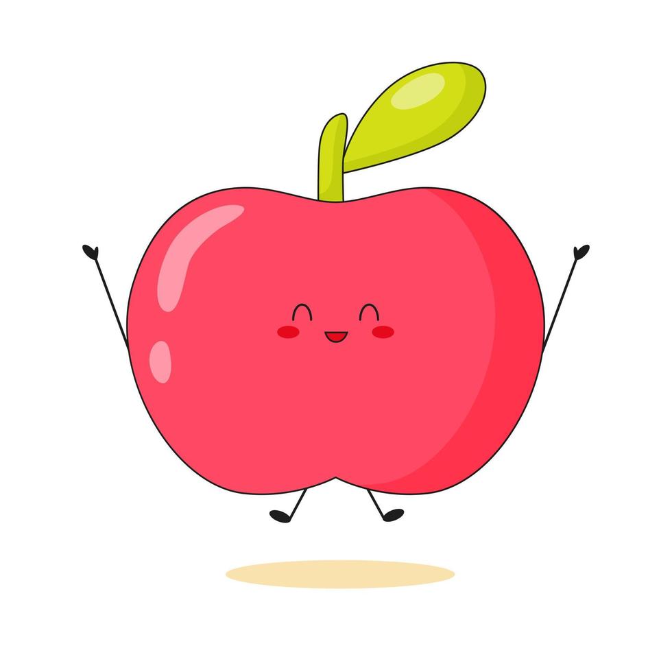 mignon personnage de pomme rouge sautant sur fond blanc. pomme kawaii heureuse. illustration vectorielle plane. vecteur