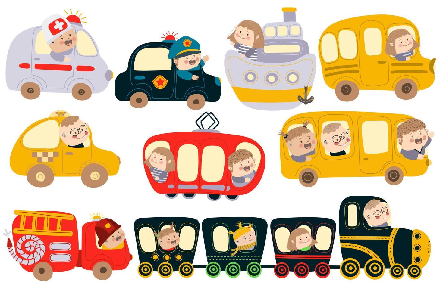 des enfants heureux prennent les transports en commun. voiture de police, camion de pompiers, taxi, tramway, autobus scolaire, ambulance, train, bateau. illustration vectorielle en style cartoon. pour l'impression, la conception web. vecteur