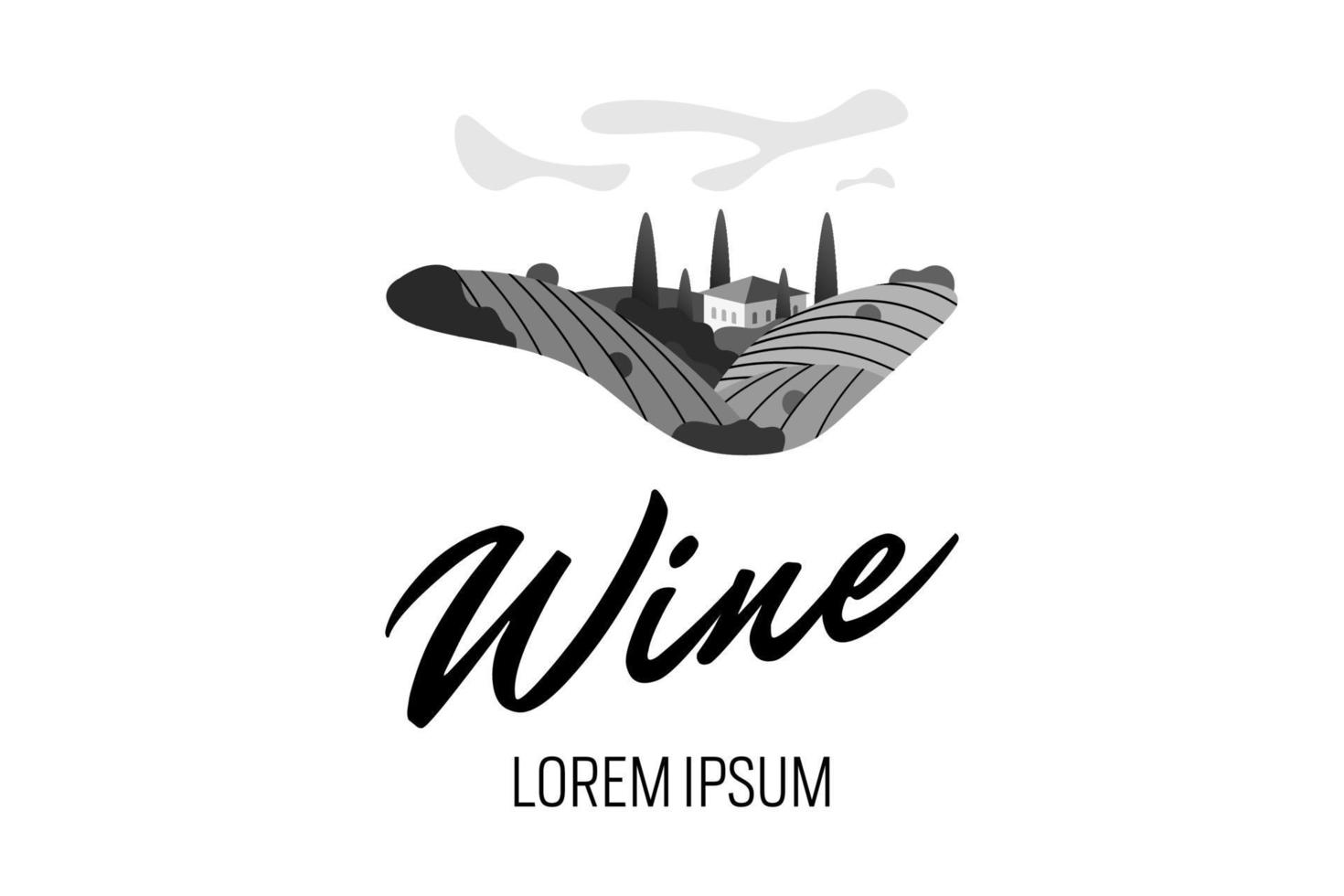 concept de logo de ferme de colline de raisin de vin de vignoble. paysage rural romantique en journée ensoleillée avec villa, champs de vignes, collines de plantation, fermes, prairies et arbres. logo créatif vecteur eps noir et blanc