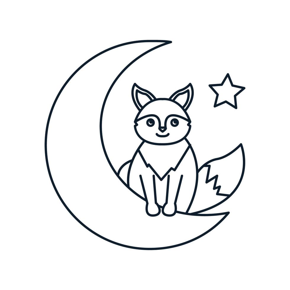 dessin animé mignon de renard avec illustration vectorielle d'icône de logo de ligne de lune vecteur