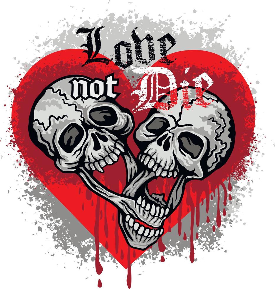 crâne de saint valentin avec coeur, t-shirts design vintage grunge vecteur