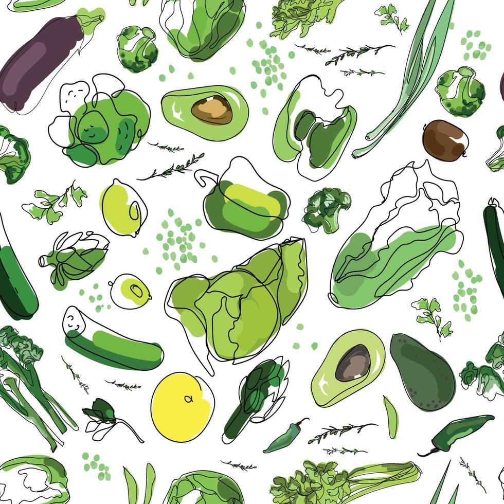 modèle sans couture de légumes verts frais eco ferme sur fond blanc, coupé dans le style d'art en ligne, illustration vectorielle vecteur