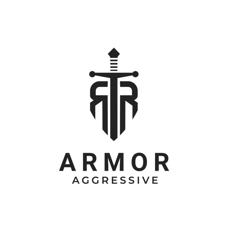 armure épée initiales rr pour l'inspiration de conception de logo d'assurance de droit militaire vecteur