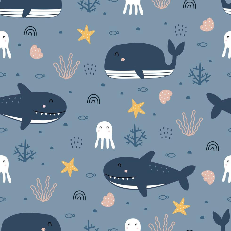 pépinière modèle sans couture baleine et requin dans la mer conception dessinée à la main dans un style de dessin animé utilisé pour les textiles, les impressions, les papiers peints, l'illustration vectorielle vecteur