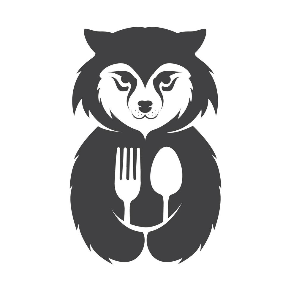 loup animal mignon avec cuillère et fourchette logo symbole icône illustration de conception graphique vectorielle vecteur