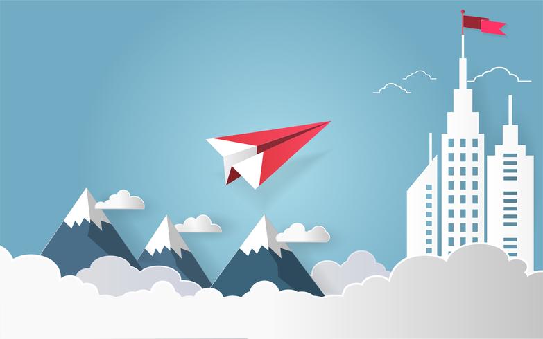 Concept de leadership, avion rouge volant sur ciel avec nuage sur la montagne et bâtiment architectural avec un drapeau sur le dessus. vecteur