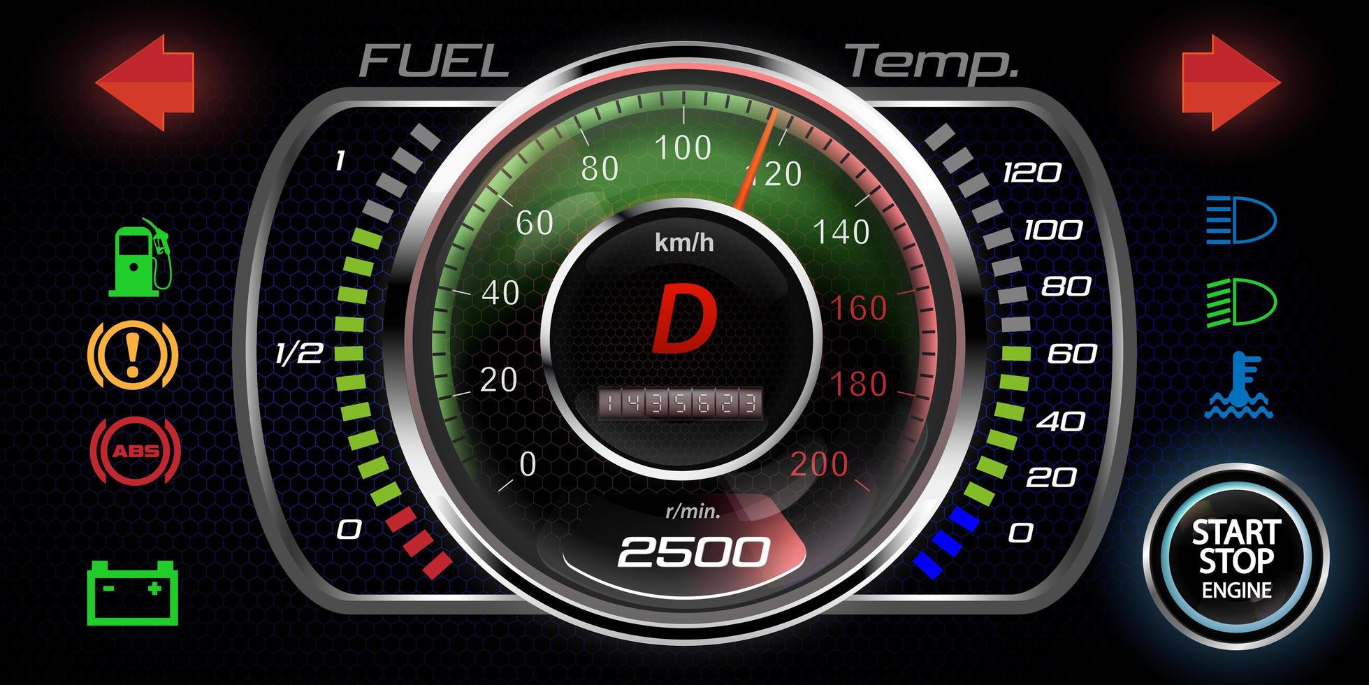 illustration vectorielle d'un tableau de bord réaliste. la notion de vitesse. écran de voiture avec indicateurs de fonctionnement. vecteur