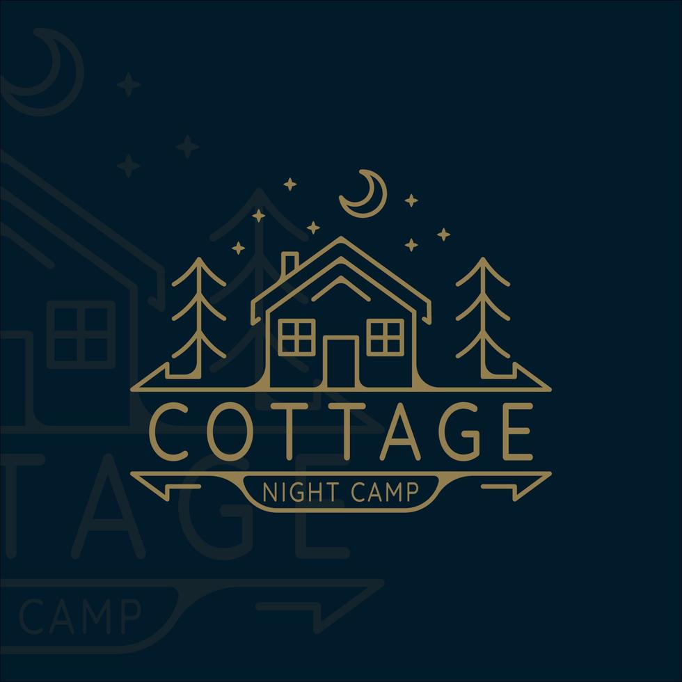 cabine ou chalet dessin au trait logo illustration vectorielle modèle icône conception graphique. camp de nuit dans la nature avec pin et étoile de lune vecteur