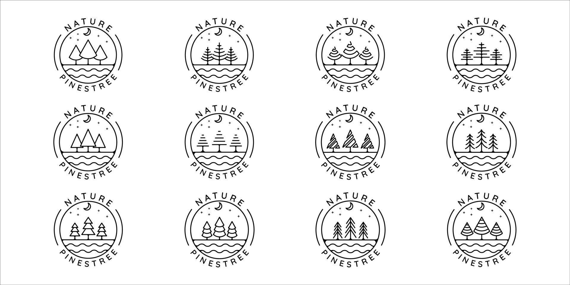 ensemble de pins arbre logo dessin au trait illustration vectorielle simple modèle icône conception graphique. collection de lots de divers symboles de pin de forme minimaliste de la nature avec badge et style de typographie vecteur