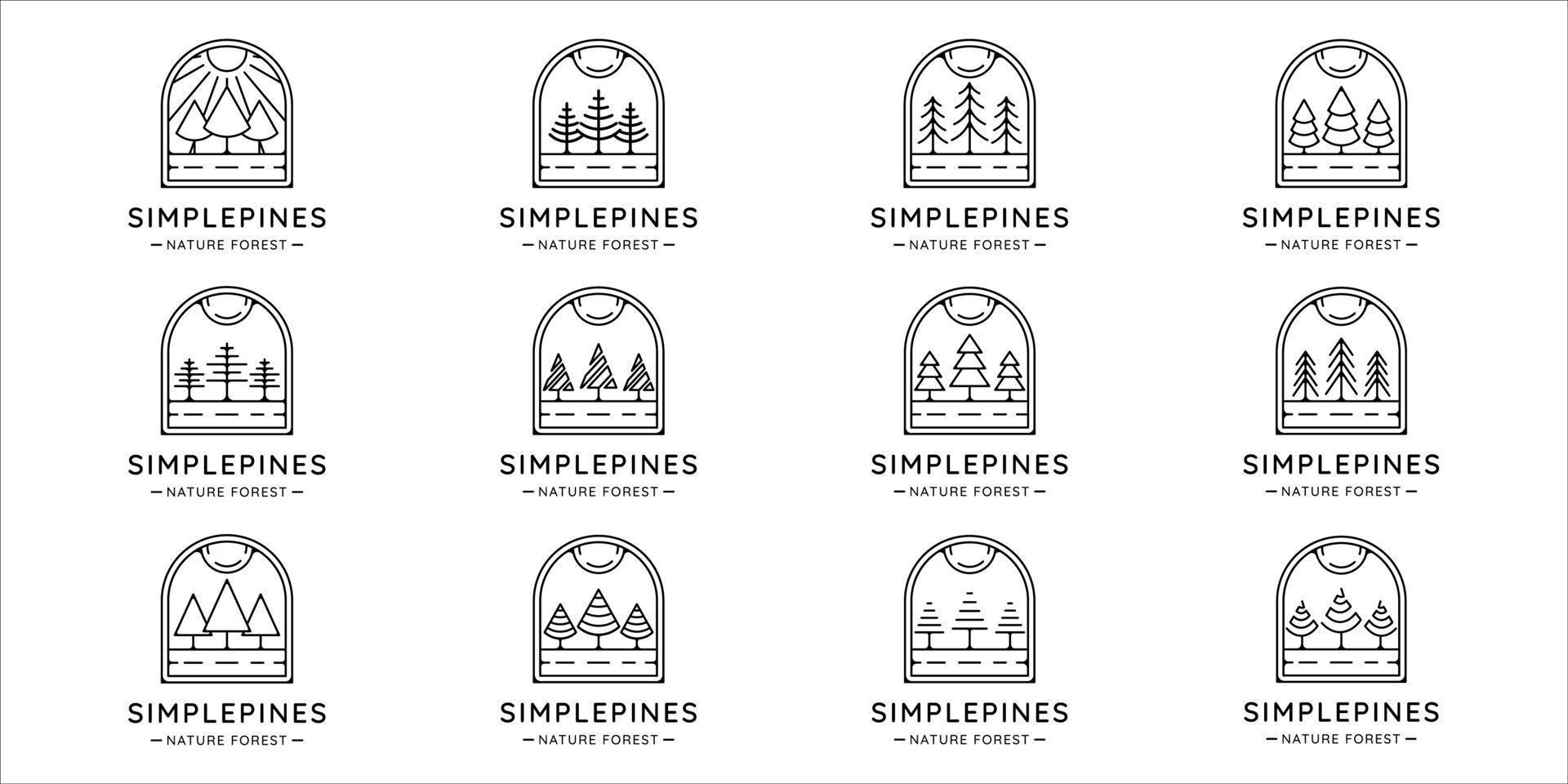 ensemble de pins arbre logo dessin au trait illustration vectorielle simple modèle icône conception graphique. collection de lots de divers symboles de pin de forme minimaliste de la nature avec badge et style de typographie vecteur