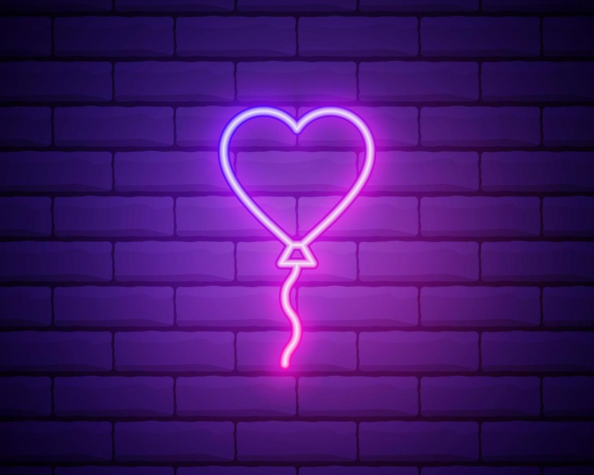 ballon de ligne néon brillant en forme de coeur avec icône de ruban isolé sur fond de mur de briques sombres. La Saint-Valentin. vecteur