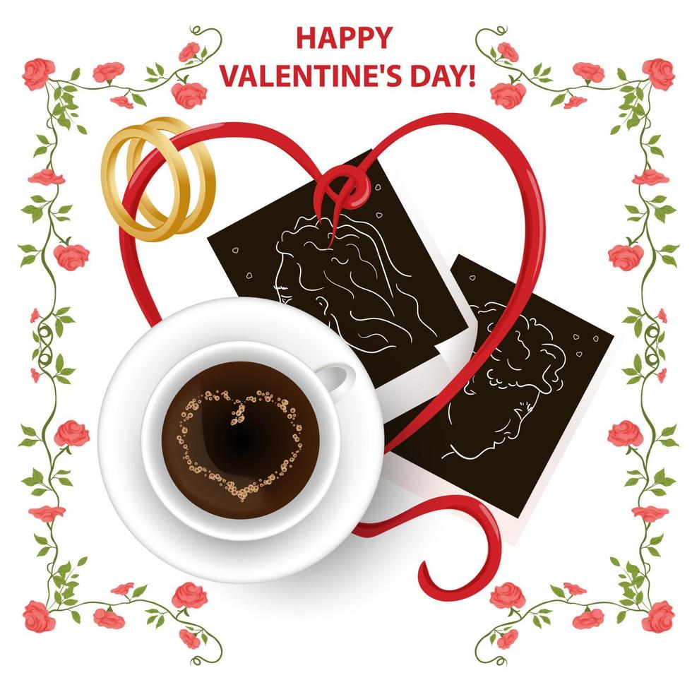 illustration dans un style plat pour les vacances de la saint valentin un cadre de fleurs l'inscription félicitations une tasse de café est sur les photos et un grand coeur vecteur