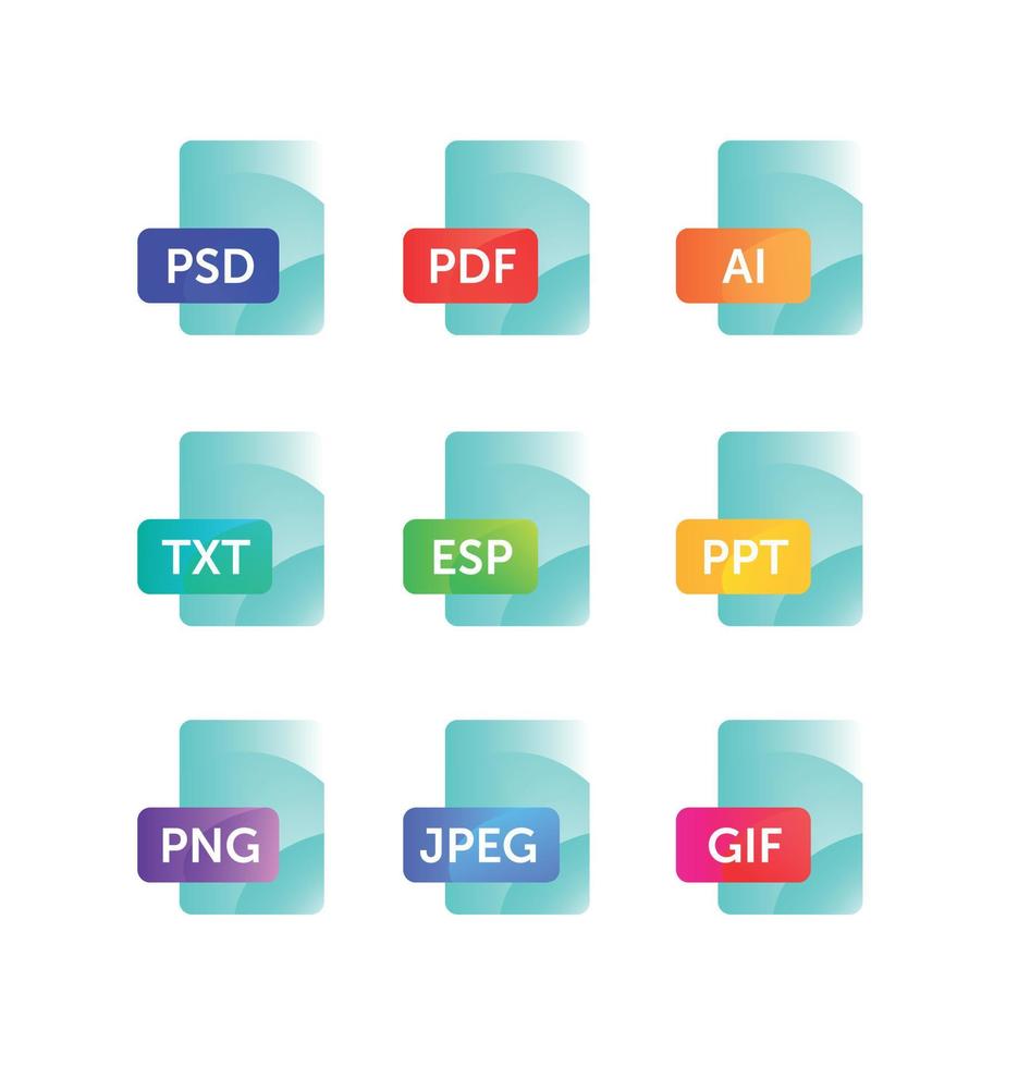 icônes pour étendre les formats. icônes de fichiers. icônes plates vectorielles avec dégradé, isolés sur fond blanc. icônes pour le site Web et l'impression. icônes de fichiers png, jpeg, ai, esp, txt, gif, psd, pdf. vecteur