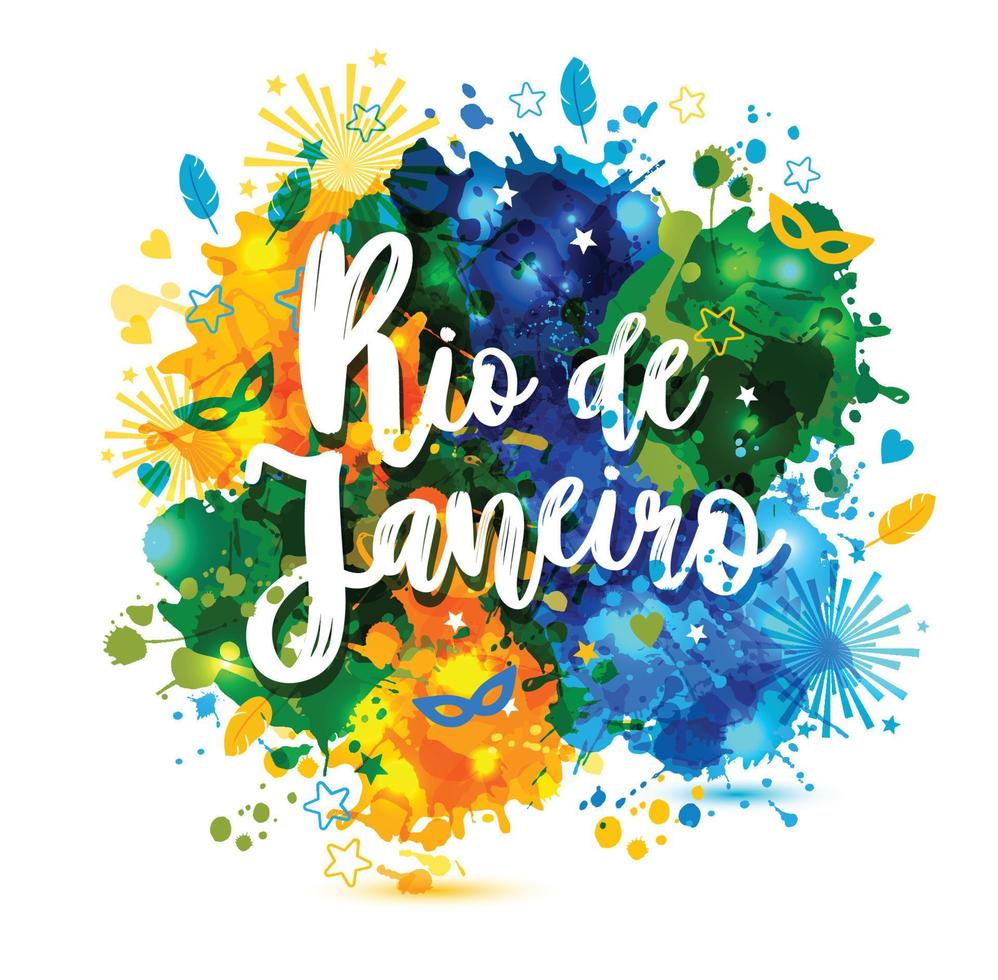 inscription rio de janeiro brésil vacances sur fond taches d'aquarelle, couleurs du drapeau brésilien, carnaval du brésil, aquarelles. été, couleur d'encre. vecteur