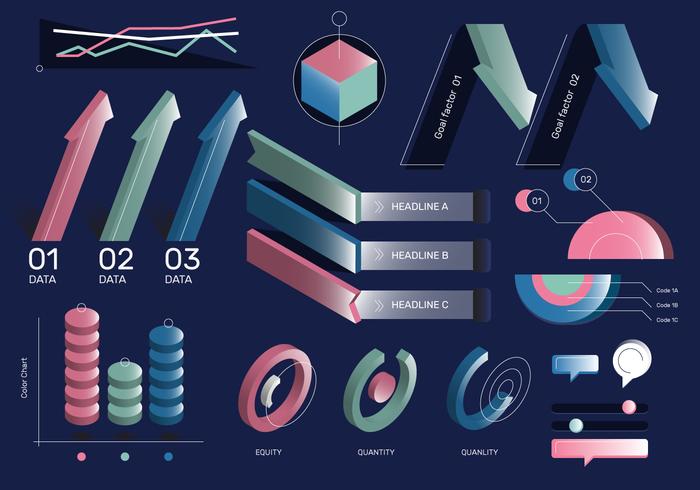 Ensemble de vecteur d&#39;éléments de couleur 3D rétro classique d&#39;infographie