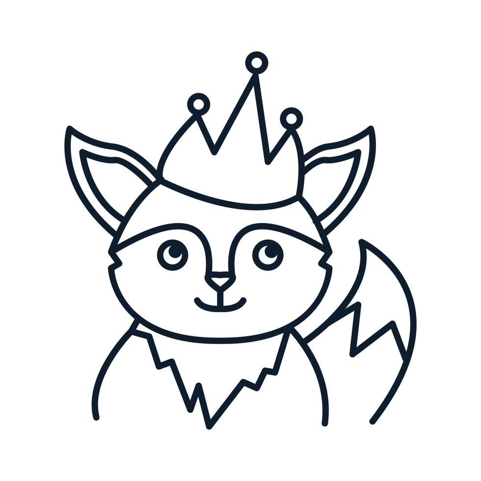 dessin animé mignon de renard avec illustration vectorielle d'icône de logo de ligne de couronne vecteur