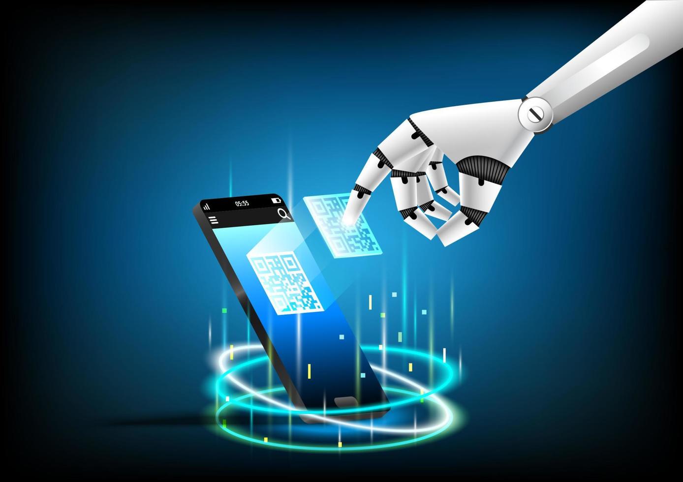 la main du robot touche un code qr hologramme du téléphone. technologie futuriste intelligence artificielle. mobile hi-tech de l'ingénierie des données. interface lumineuse de réalité visuelle. fond abstrait vecteur