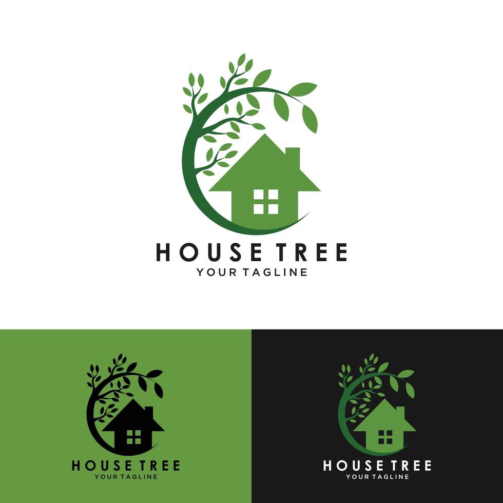illustration du modèle de conception de logo de maison dans les arbres. vecteur de conception de logo de maison d'arbre, logo de maison écologique de nature