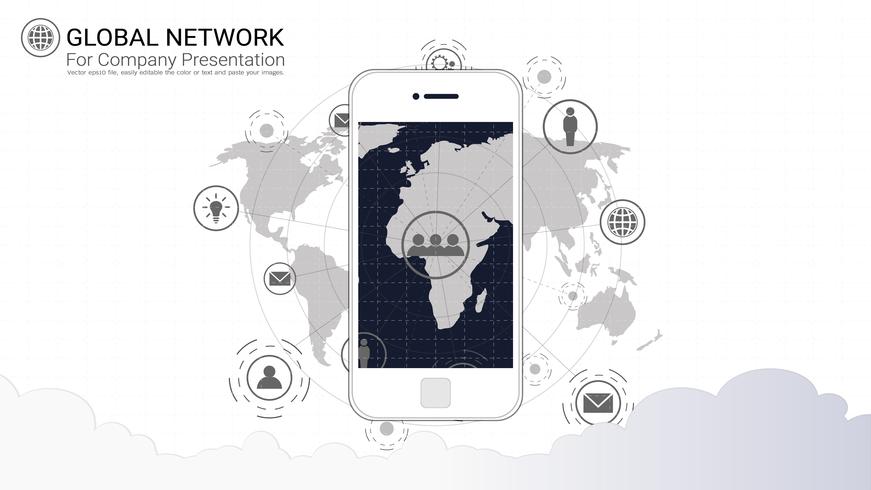 Écran de téléphone intelligent avec fond de connexion réseau global. vecteur