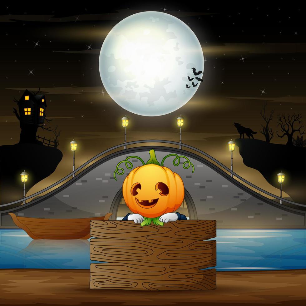 épouvantail de dessin animé avec planche de bois dans la nuit d'halloween vecteur