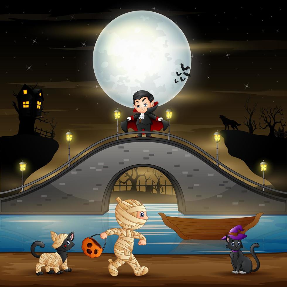 fond de nuit d'halloween avec vampire, maman et chats vecteur