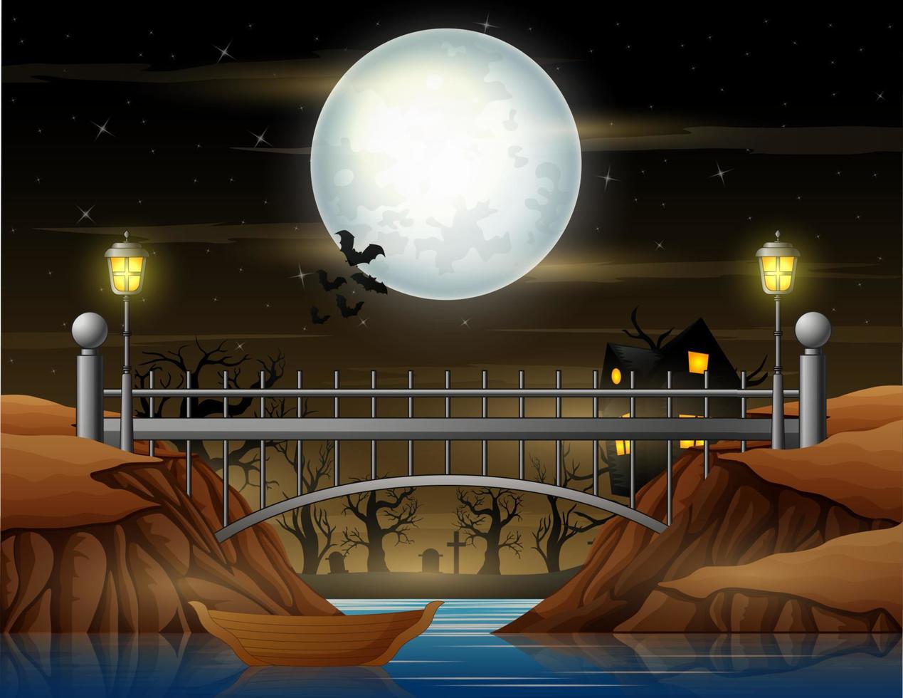 pont et clair de lune paysage de nuit d'halloween vecteur