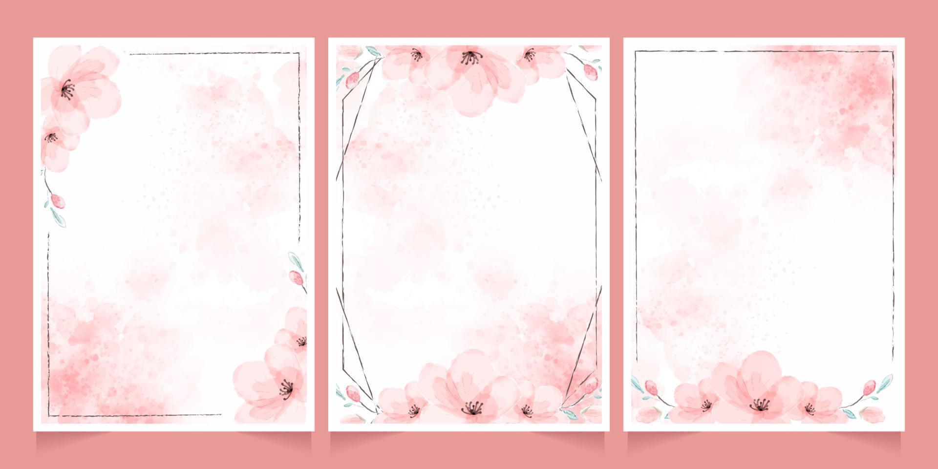 aquarelle de fleurs de cerisier avec cadre marron pour la collection de modèles de cartes d'invitation de mariage vecteur