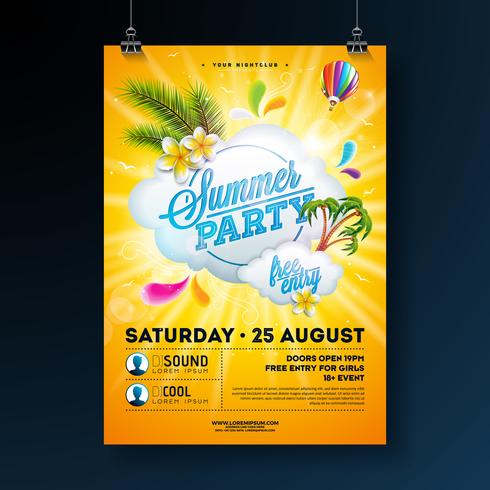 Vector Summer Party Flyer Design avec fleur, palmiers et lunettes de soleil sur fond jaune soleil. Éléments floraux de nature estivale, plantes tropicales, montgolfière et éléments typographiques