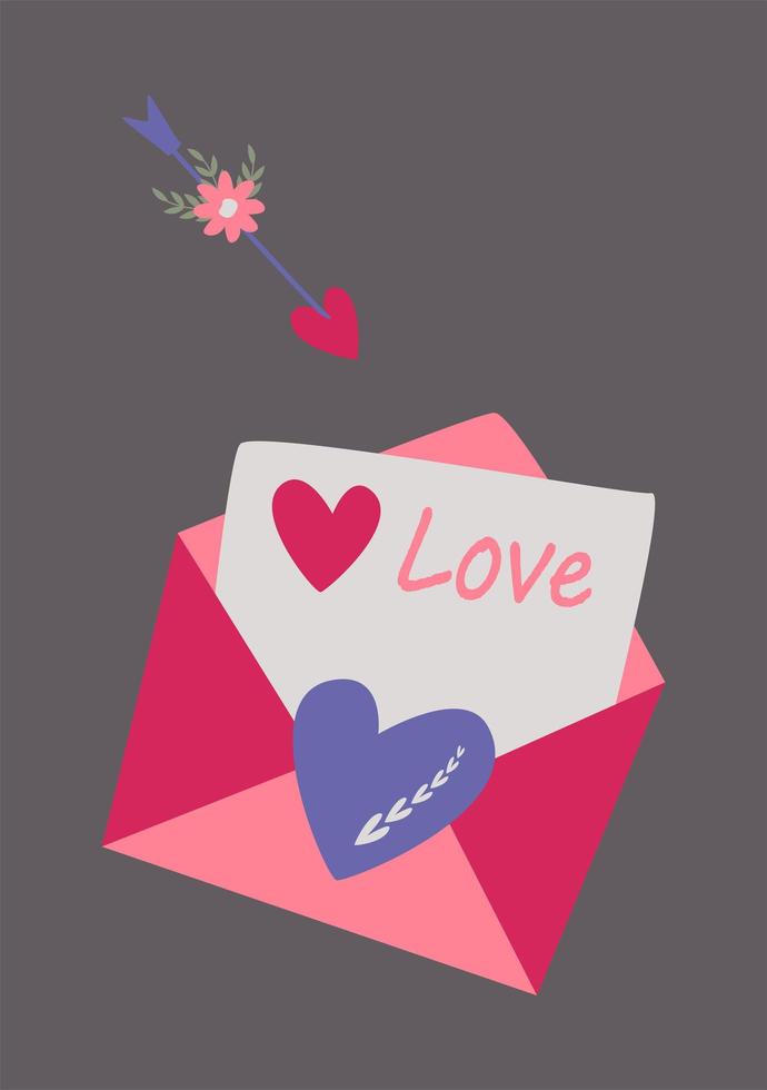 une enveloppe ouverte avec une lettre d'amour et une flèche. vecteur