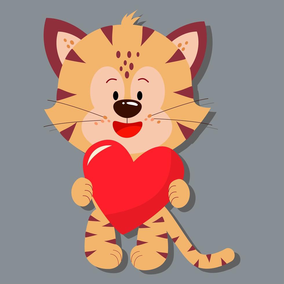 un tigre mignon tient un coeur dans ses pattes. jour d'amour. vecteur