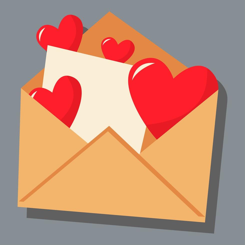 une enveloppe ouverte avec une lettre et quatre coeurs. jour d'amour. vecteur