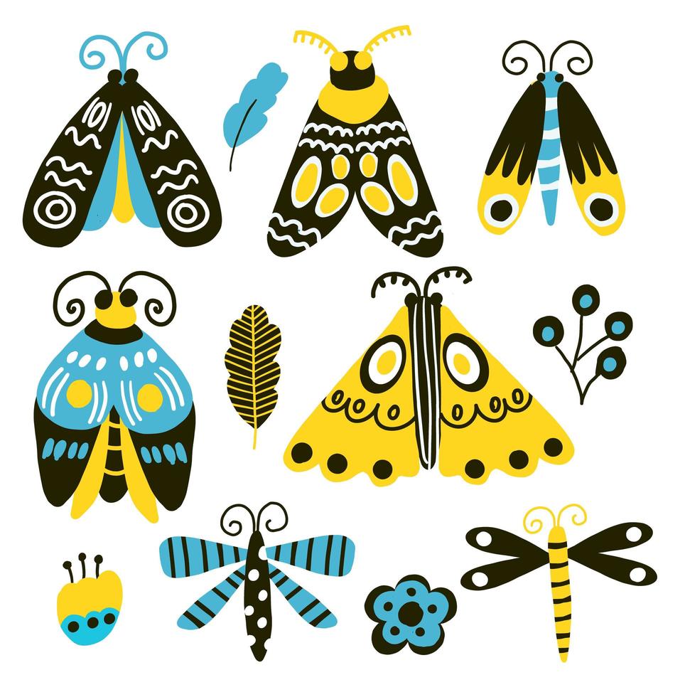 ensemble de papillons de nuit, de papillons, de libellules et de plantes doodle vecteur