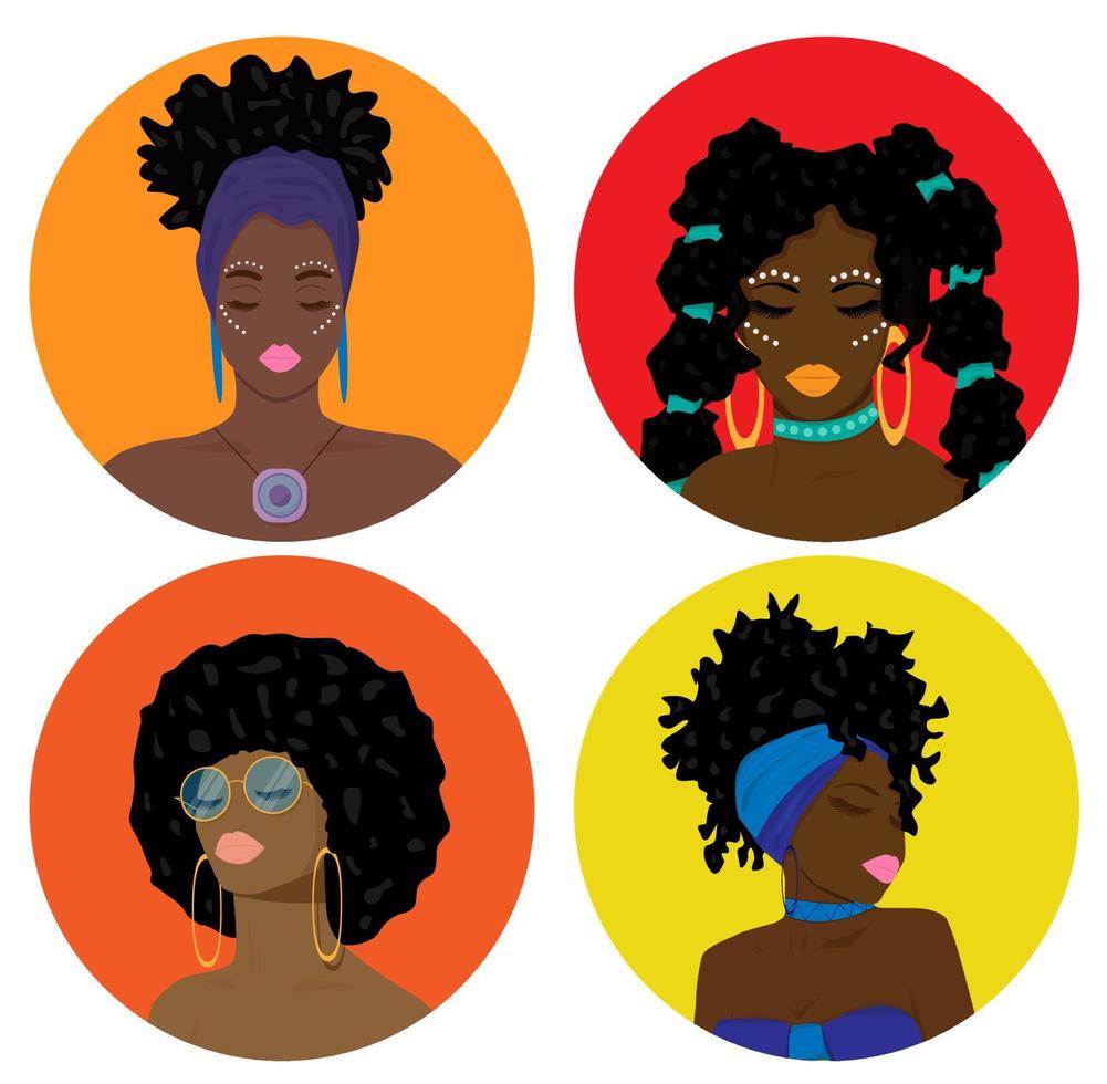 sertie de filles plates. portrait d'une belle femme. fille afro-américaine de dessin animé vecteur